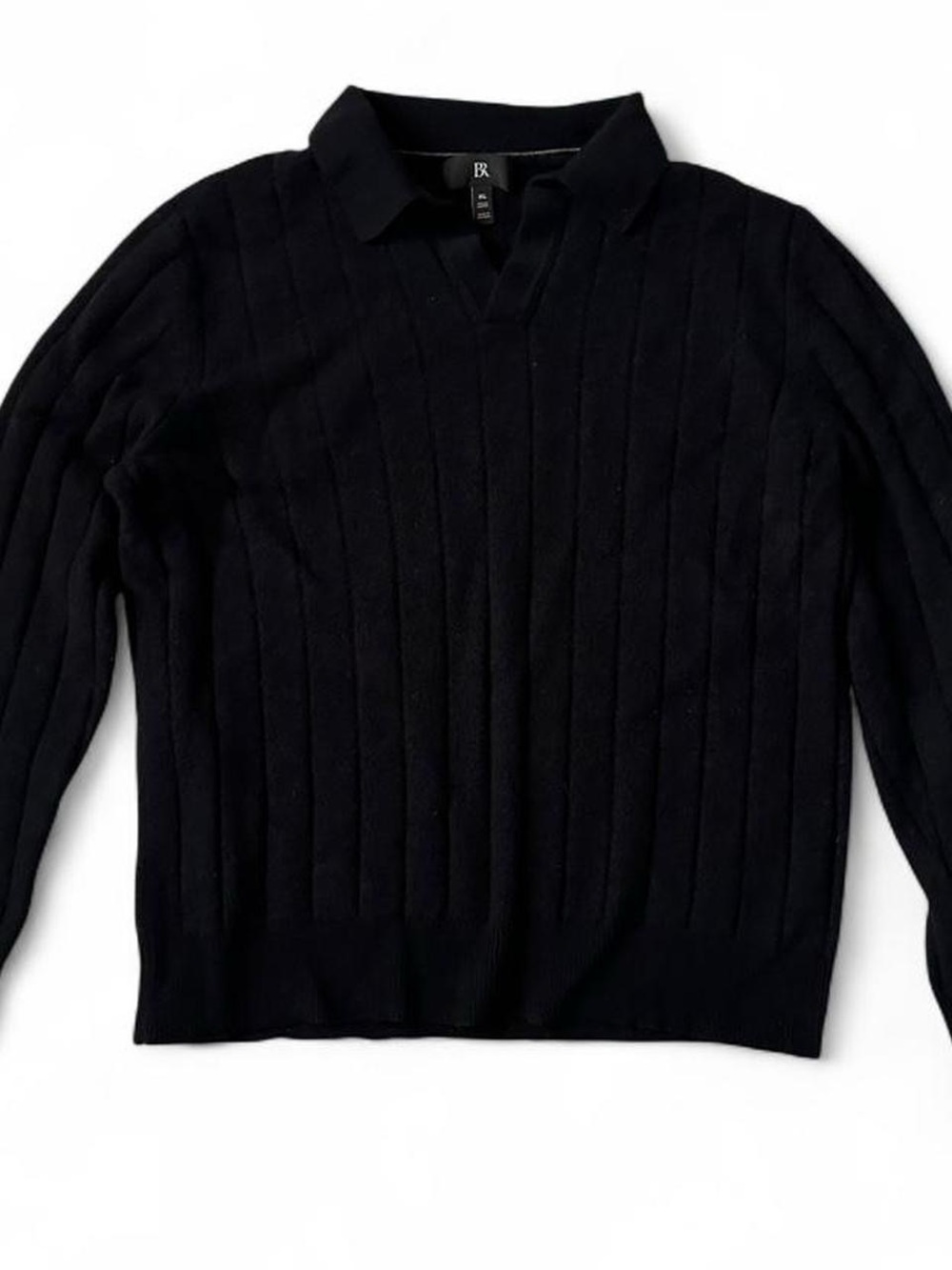 BR Men's black italian merino wool soft collared v-neck sweater
